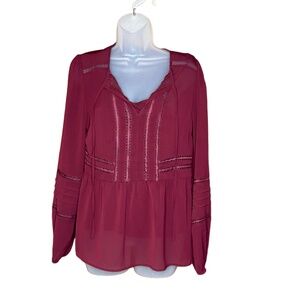 Express Blouse Womens XS Sheer Long Sleeve Lace Burgundy Peplum Boho Cottagecore